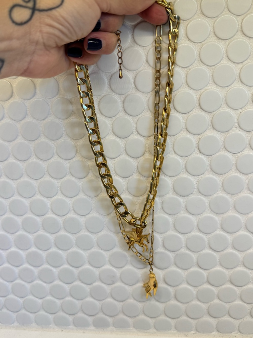 Dylan Lex inspired Gold Tone Layered Pendant Necklace w/Pegasus and Hand Charms - Picture 5 of 5